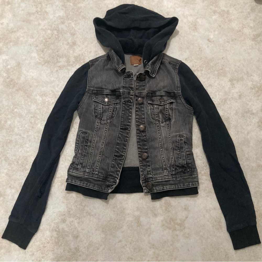 AEO 🦅 Black Denim Vest Sweatshirt Hoodie Jacket - Picture 2 of 11